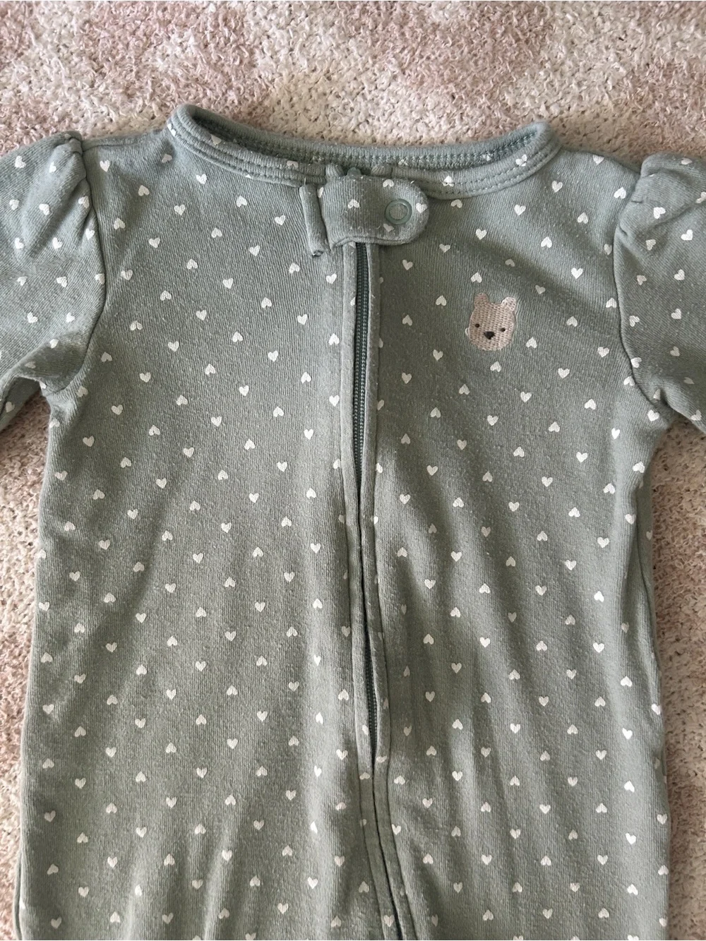 Carter's Sage Green Heart-Print Footed Sleep and Play Pajamas